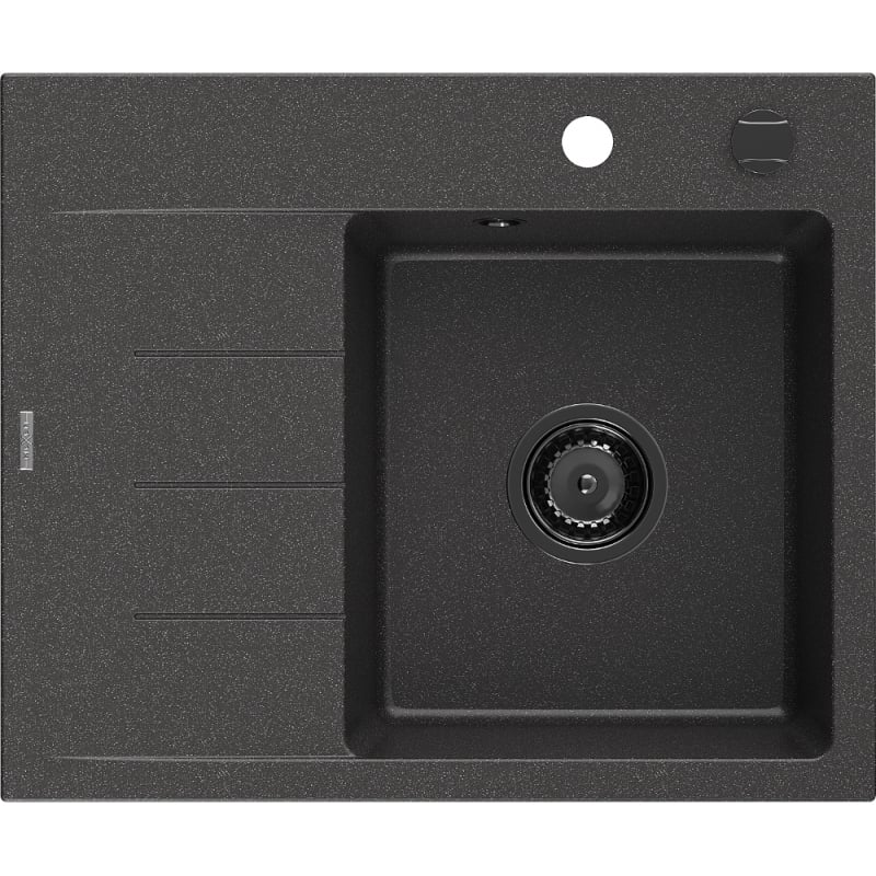 Mexen Ben granitový dřez s jednou vaničkou a odkapávačem, pravý 600 x 500 mm, černý se skvrnami, černý sifon