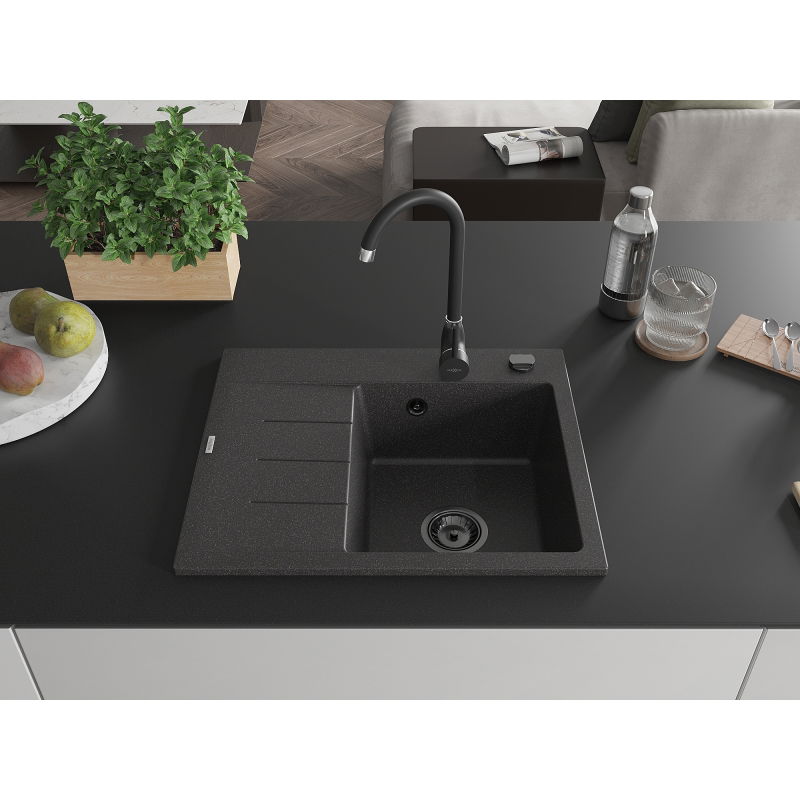Mexen Ben granitový dřez s jednou vaničkou a odkapávačem, pravý 600 x 500 mm, černý se skvrnami, černý sifon