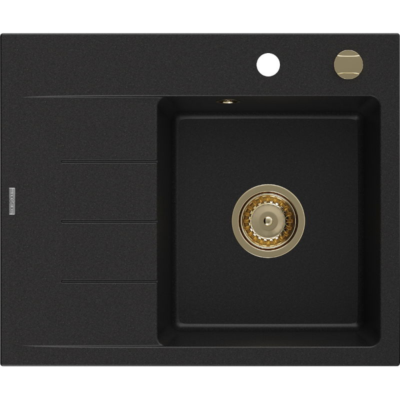 Mexen Ben granitový dřez s jednou komorou a odkapávačem, pravý 600 x 500 mm, černý, zlatý sifon - 6523605000-77-G