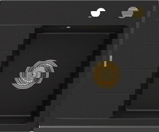 Mexen Ben granitový dřez s jednou komorou a odkapávačem, pravý 600 x 500 mm, černý, zlatý sifon - 6523605000-77-G