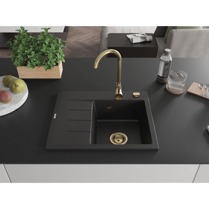 Mexen Ben granitový dřez s jednou komorou a odkapávačem, pravý 600 x 500 mm, černý, zlatý sifon - 6523605000-77-G
