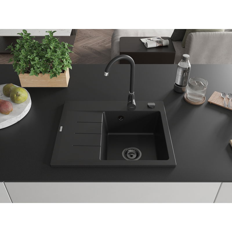 Mexen Ben granitový dřez s odkapávačem, pravý 600 x 500 mm, černý, černý sifon - 6523605000-77-B