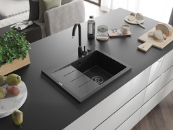 Mexen Ben granitový dřez s odkapávačem, pravý 600 x 500 mm, černý, černý sifon - 6523605000-77-B