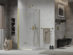 Mexen Lima skládací sprchový kout 70 x 70 cm, průhledný, zlatý + vanička Flat - 856-070-070-50-00-4010