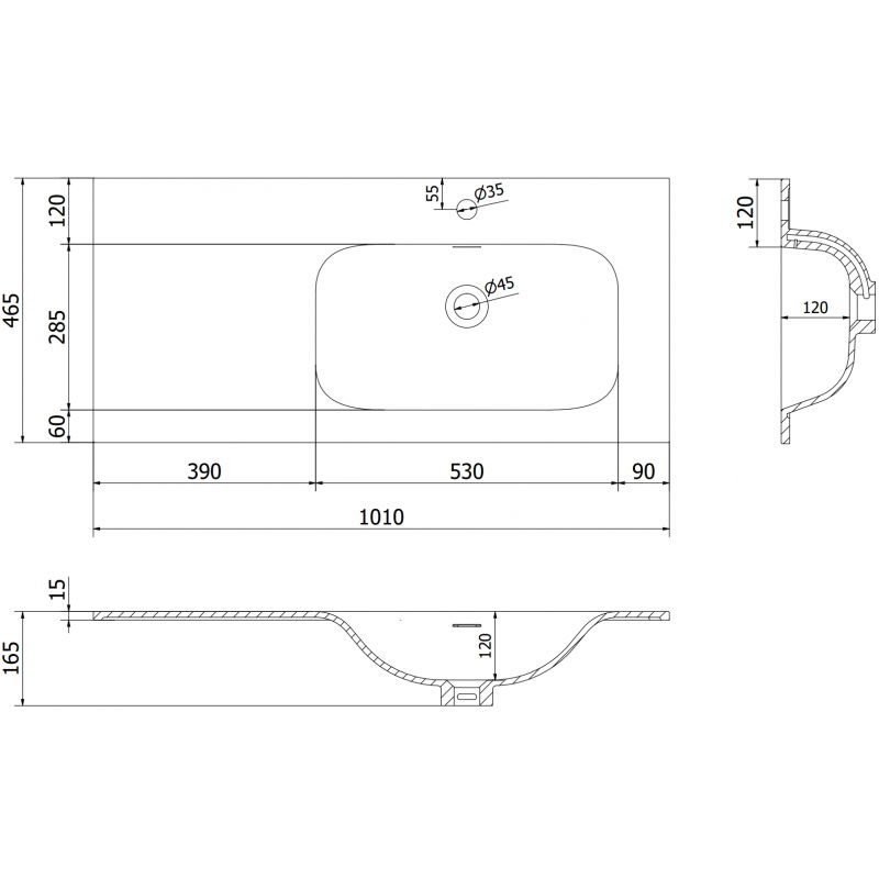 Mexen Vela umyvadlo zapuštěné do desky pravé 101 x 46,5 cm, bílá mat - 25231001P