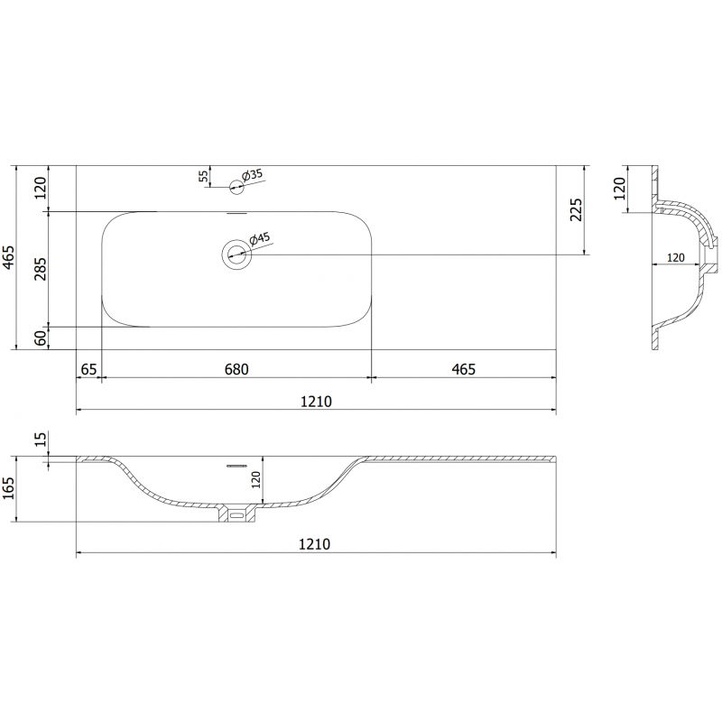 Mexen Vela umyvadlo zapuštěné do desky levé 121 x 46,5 cm, bílý lesk - 25231200L