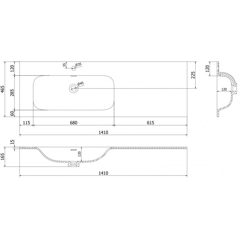 Mexen Vela umyvadlo zapuštěné do desky levé 141 x 46,5 cm, bílý lesk - 25231400L