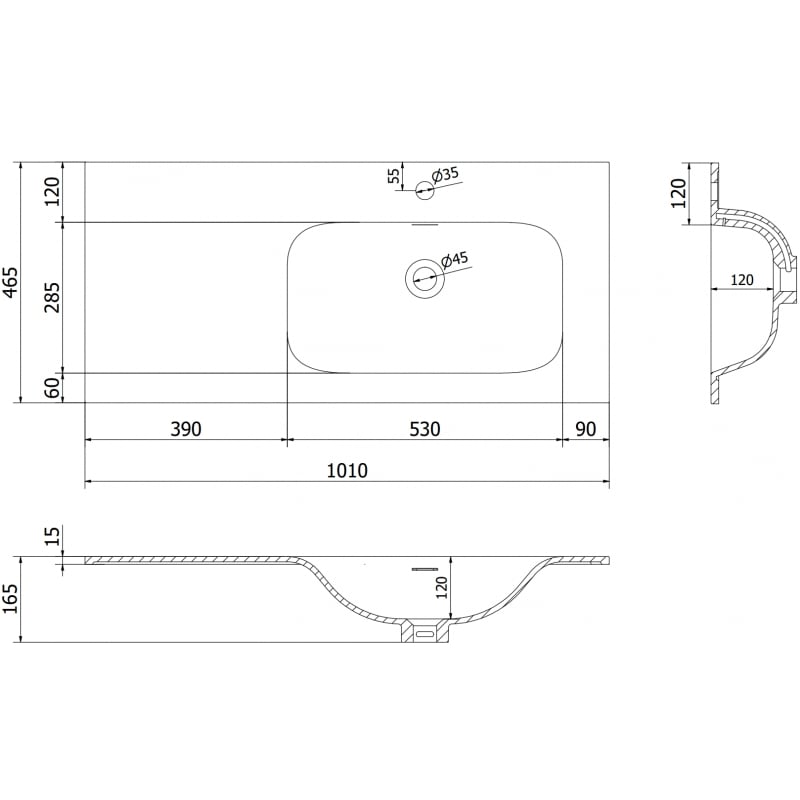 Mexen Vela umyvadlo zapuštěné do desky pravé 101 x 46,5 cm, černá matná - 25231071P