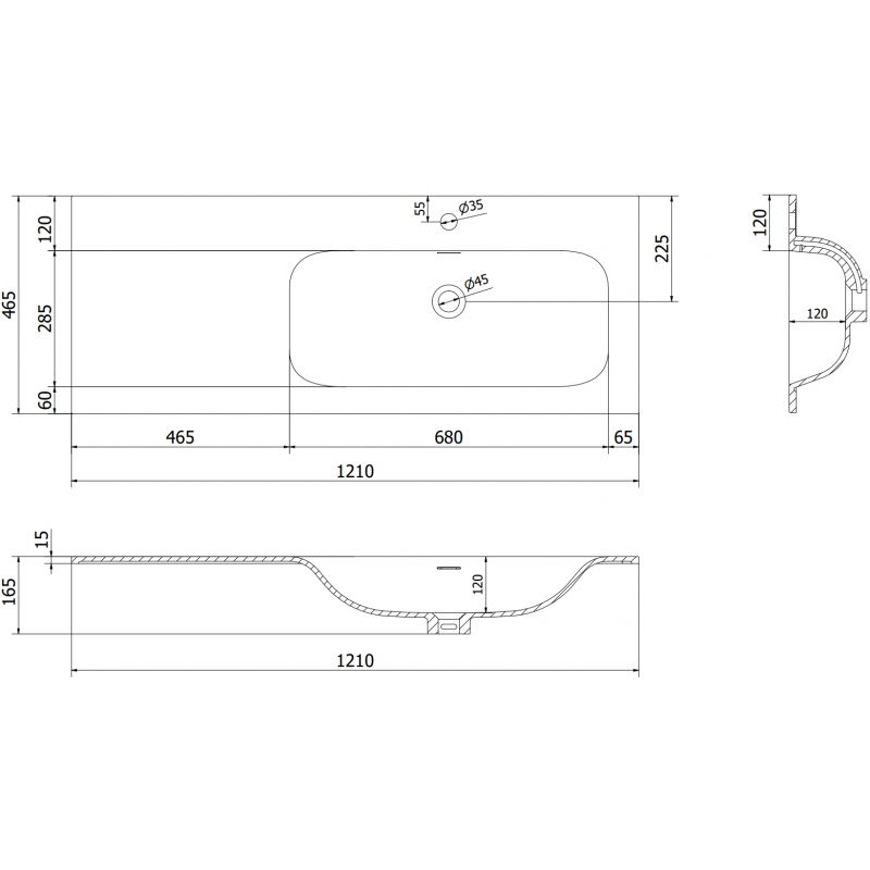 Mexen Vela umyvadlo zapuštěné do desky pravé 121 x 46,5 cm, černá mat - 25231271P