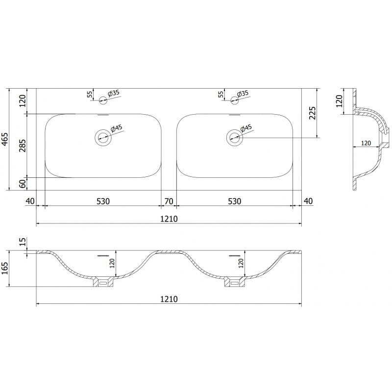 Mexen Vela umyvadlo zapuštěné v desce dvojité 121 x 46,5 cm, bílá matná - 25231201D
