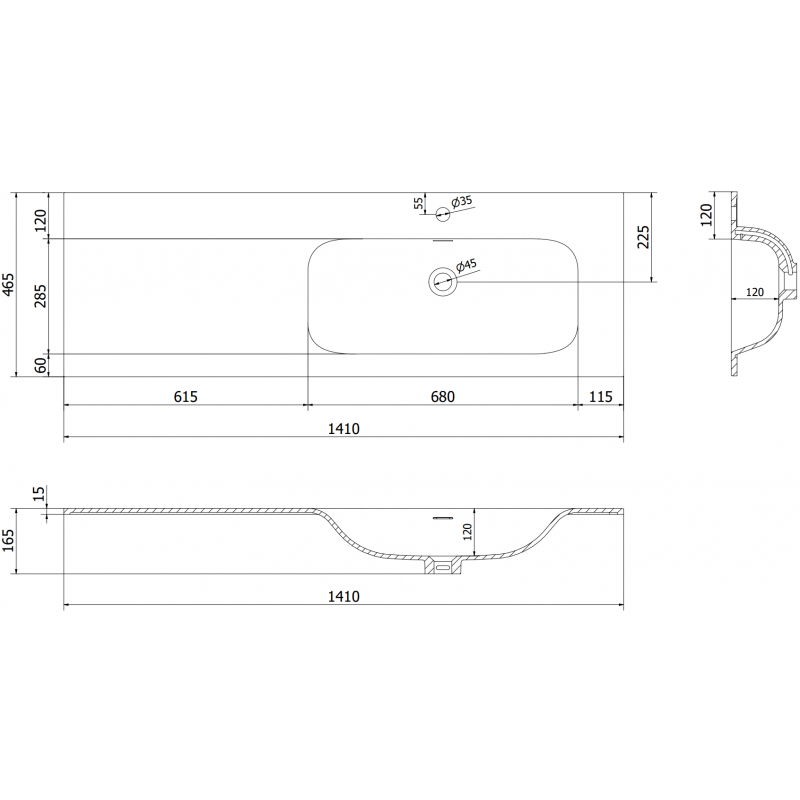 Mexen Vela umyvadlo zapuštěné do desky pravé 141 x 46,5 cm, černý mat - 25231471P