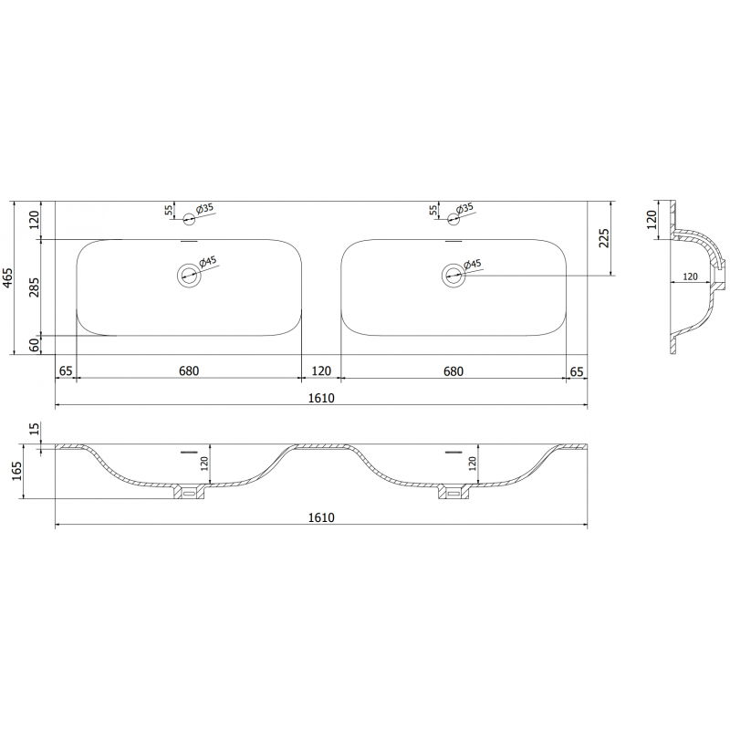 Mexen Vela dvojité umyvadlo zapuštěné v pracovní desce 161 x 46,5 cm, bílý lesk - 25231600D