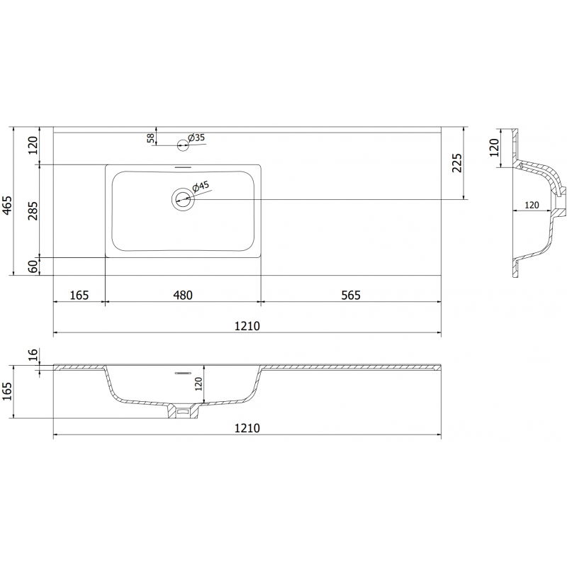 Mexen Otis umyvadlo zapuštěné do desky levé 121 x 46,5 cm, bílý lesk - 25181200L