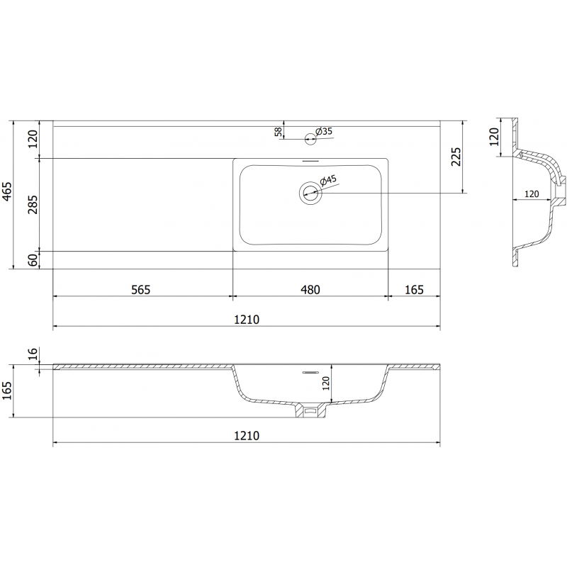 Mexen Otis umyvadlo zapuštěné do desky pravé 121 x 46,5 cm, bílý mat - 25181201P