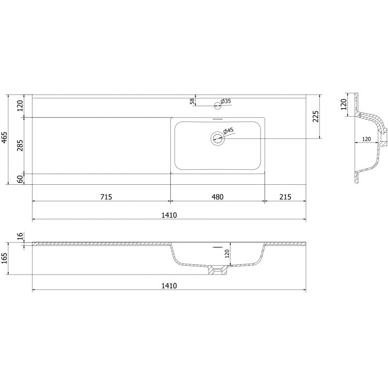 Mexen Otis umyvadlo zapuštěné do desky pravé 141 x 46,5 cm, černá matná - 25181471P