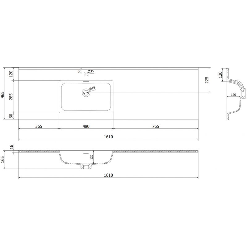 Mexen Otis umyvadlo zapuštěné do desky levé 161 x 46,5 cm, bílý lesk - 25181600L