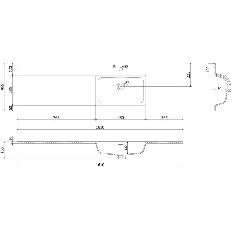 Mexen Otis umyvadlo zapuštěné do desky pravé 161 x 46,5 cm, bílá mat - 25181601P