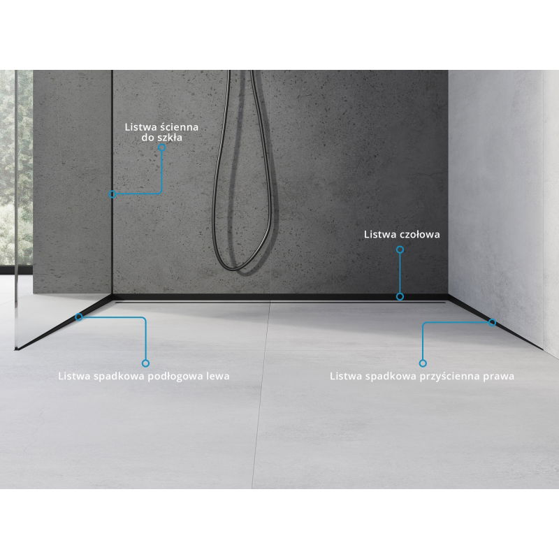 Mexen Line-B spádová lišta pro sklo 180 cm levá, černá - 187004180L