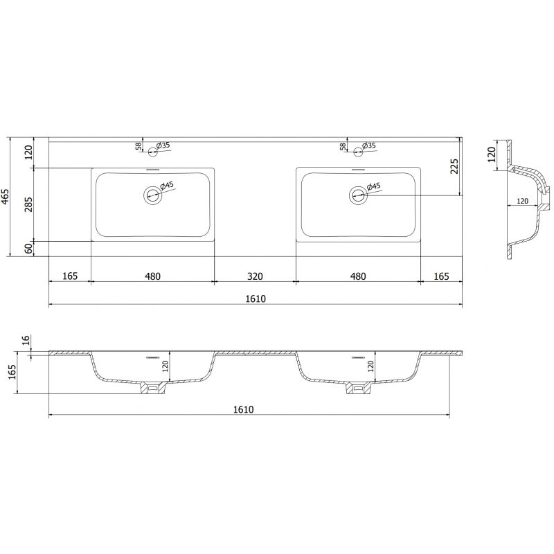 Mexen Otis umyvadlo zapuštěné do desky dvojité 161 x 46,5 cm, bílá mat - 25181601D