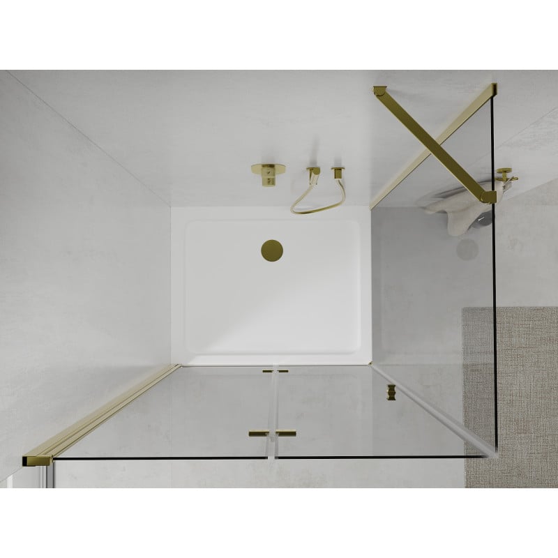 Mexen Lima skládací sprchový kout 90 x 70 cm, průhledný, zlatý + brodzik Flat - 856-090-070-50-00-4010