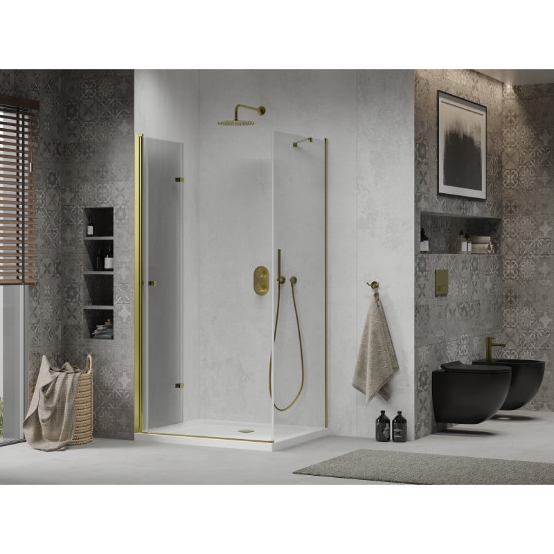 Mexen Lima skládací sprchový kout 90 x 70 cm, průhledný, zlatý + brodzik Flat - 856-090-070-50-00-4010