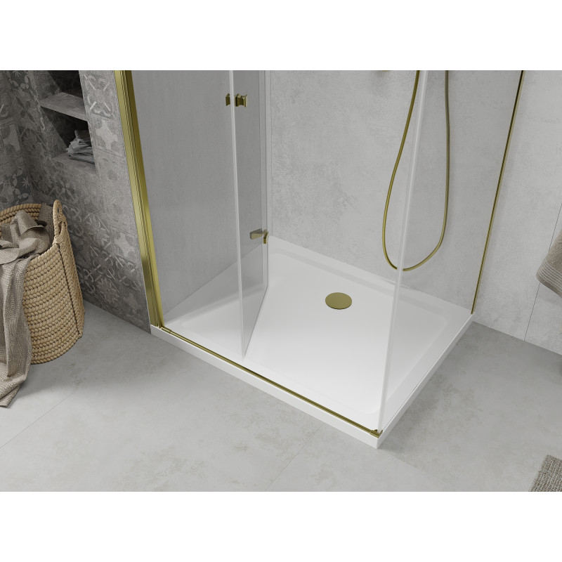 Mexen Lima skládací sprchový kout 90 x 80 cm, průhledný, zlatý + vanička Flat - 856-090-080-50-00-4010