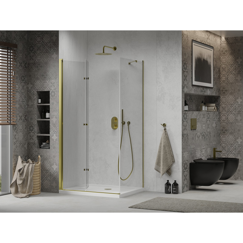 Mexen Lima skládací sprchový kout 90 x 80 cm, průhledný, zlatý + vanička Flat - 856-090-080-50-00-4010