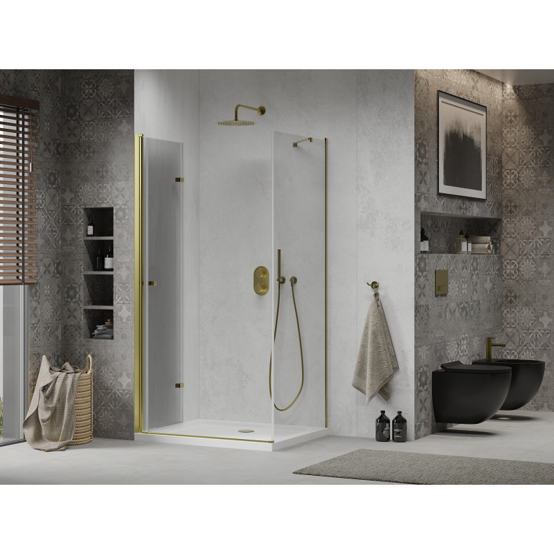 Mexen Lima skládací sprchový kout 100 x 70 cm, průhledný, zlatý + vanička Flat - 856-100-070-50-00-4010