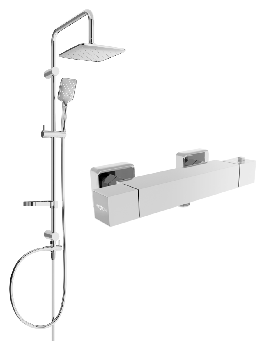 Mexen Sven odkrytý sprchový set s dešťovou sprchovou hlavicí a termostatickou sprchovou baterií Cube, Chromovaná - 77200262-00