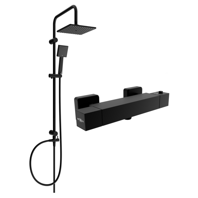Mexen Tord nástěnná sprchová sada s dešťovou sprchou a termostatickou sprchovou baterií Cube, černá - 77200200-70