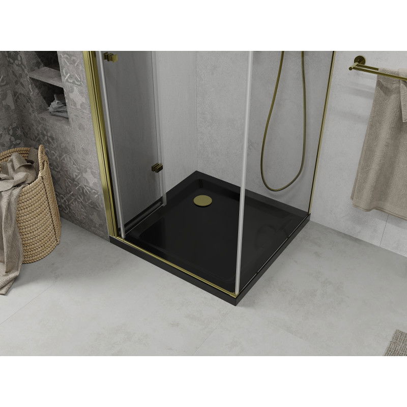 Mexen Lima skládací sprchový kout 80 x 80 cm, transparentní, zlatá + vanička Flat, černá - 856-080-080-50-00-4070G