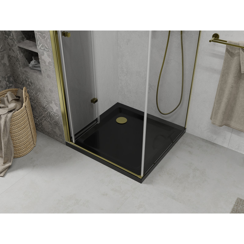 Mexen Lima skládací sprchová kabina 90 x 90 cm, transparentní, zlatá + vanička Flat, černá - 856-090-090-50-00-4070G