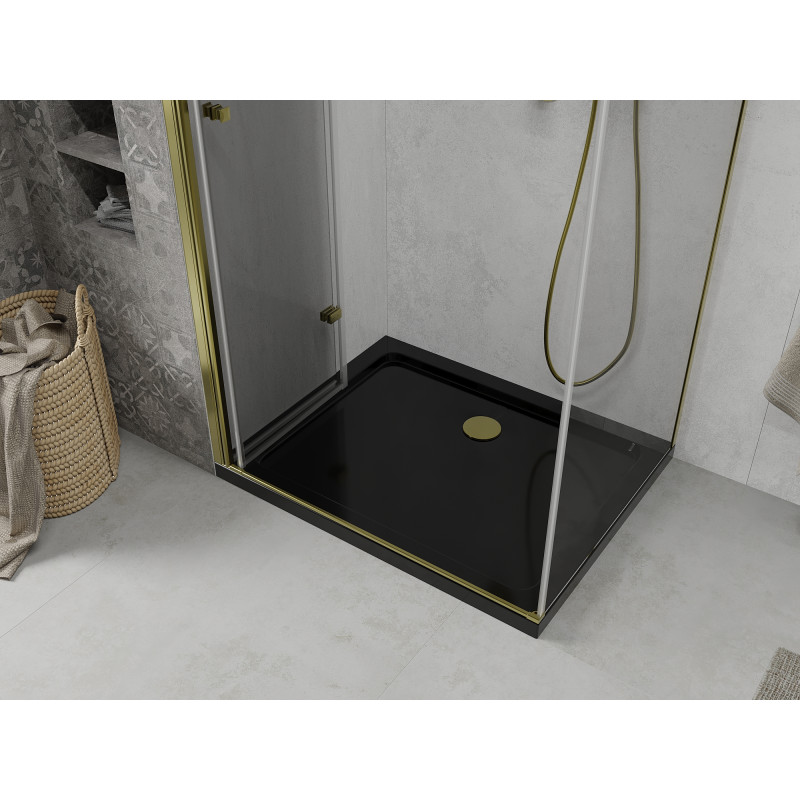 Mexen Lima skládací sprchový kout 100 x 80 cm, transparentní, zlatý + Flat vanička, černá - 856-100-080-50-00-4070G
