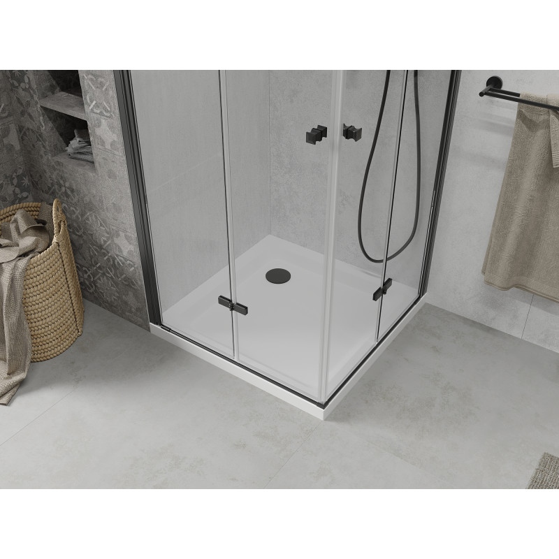 Mexen Lima Skládací dvojitá sprchová kabina 70 x 70 cm, transparentní, černá + vanička Flat - 856-070-070-70-02-4010B