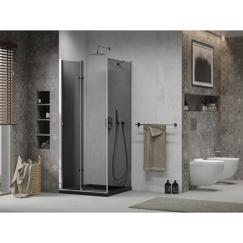 Mexen Lima skládací sprchová kabina 90 x 90 cm, grafit, chrom + sprchová vanička Flat, černá - 856-090-090-01-40-4070
