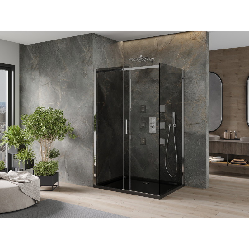 Mexen Omega posuvná sprchová kabina 100 x 90 cm, grafitová, chrom + sprchová vanička Flat, černá - 825-100-090-01-40-4070