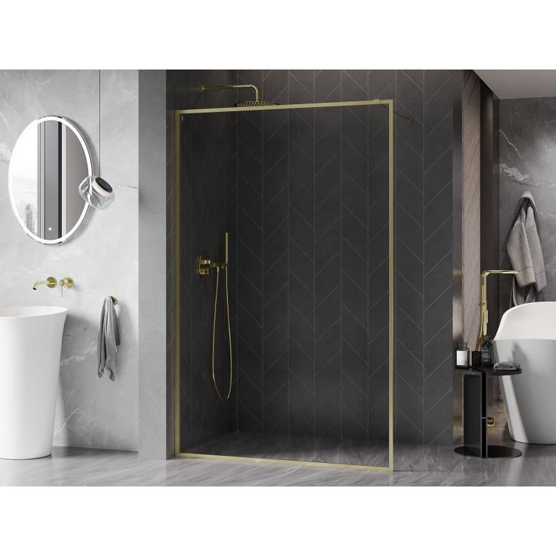 Mexen Kioto-XF sprchová stěna Walk-in s rámem 90 x 202 cm, transparentní 10 mm, zlatá kartáčovaná - 800-090-104-55-00-X