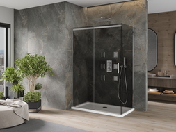 Mexen Omega posuvná sprchová kabina 140 x 80 cm, grafit, chrom + sprchová vanička Flat, bílá - 825-140-080-01-40-4010