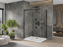Mexen Omega posuvný sprchový kout 110 x 80 cm, transparentní, černý + vanička Flat, bílý - 825-110-080-70-00-4010B