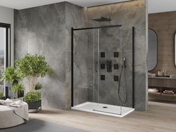 Mexen Omega posuvná sprchová kabina 130 x 70 cm, transparentní, černá + sprchová vanička Flat, bílá
