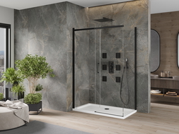 Mexen Omega sprchová kabina posuvná 130 x 70 cm, transparentní, černá + vanička Flat, bílá - 825-130-070-70-00-4010B