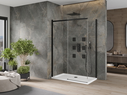Mexen Omega sprchový kout posuvný 140 x 80 cm, transparentní, černý + vanička Flat, bílá - 825-140-080-70-00-4010B