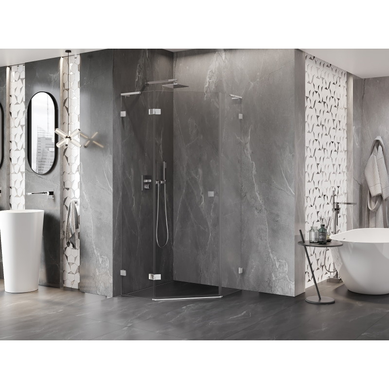 Mexen Lunar L skleněná sprchová kabina pětiúhelníková s levým otvíráním 90 x 90 cm, průhledná, chrom