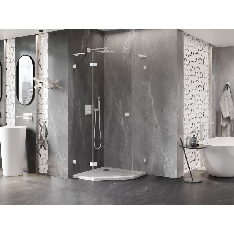 Mexen Lunar L pětiúhelníkový sprchový kout s otevíracími dveřmi vlevo 80 x 80 cm, transparentní, bílá - 831L-080L-080P-20-00-L