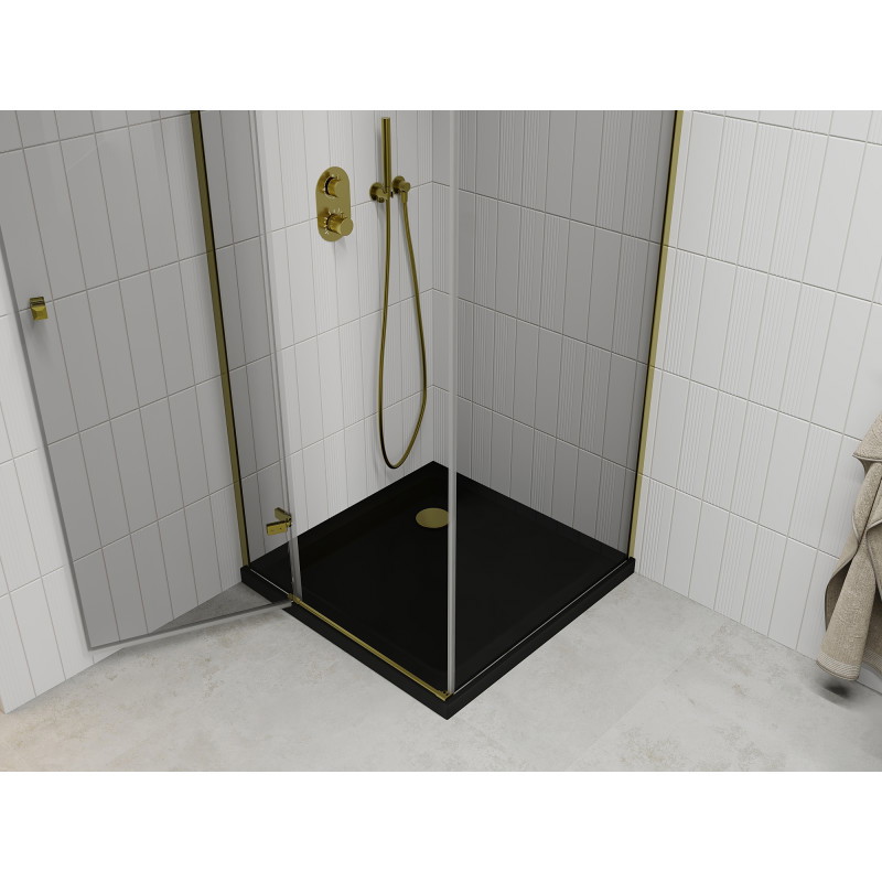 Mexen Roma sprchový kout výklopný 90 x 90 cm, transparentní, zlatý + vanička Flat, černý - 854-090-090-50-00-4070G