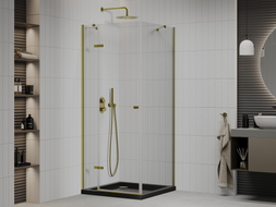 Mexen Roma sprchový kout výklopný 90 x 90 cm, transparentní, zlatý + vanička Flat, černý - 854-090-090-50-00-4070G