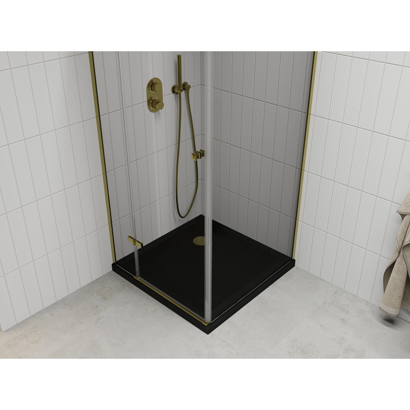 Mexen Roma sprchový kout výklopný 90 x 90 cm, transparentní, zlatý + vanička Flat, černý - 854-090-090-50-00-4070G