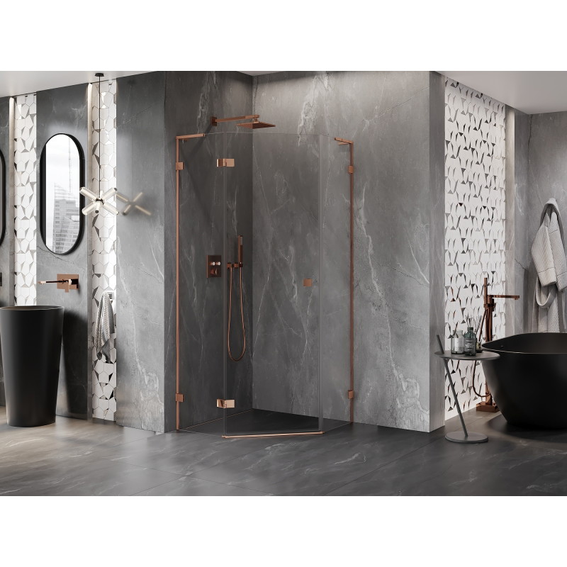 Mexen Lunar L sprchový kout pětiúhelníkový výklopný levý 80 x 80 cm, čirý, růžové zlato - 831L-080L-080P-60-00-L