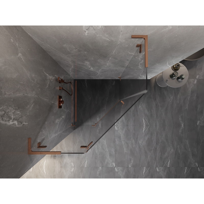 Mexen Lunar L pětiúhelníková sprchová kabina, otevírací levá 100 x 100 cm, transparentní, kartáčovaná měď