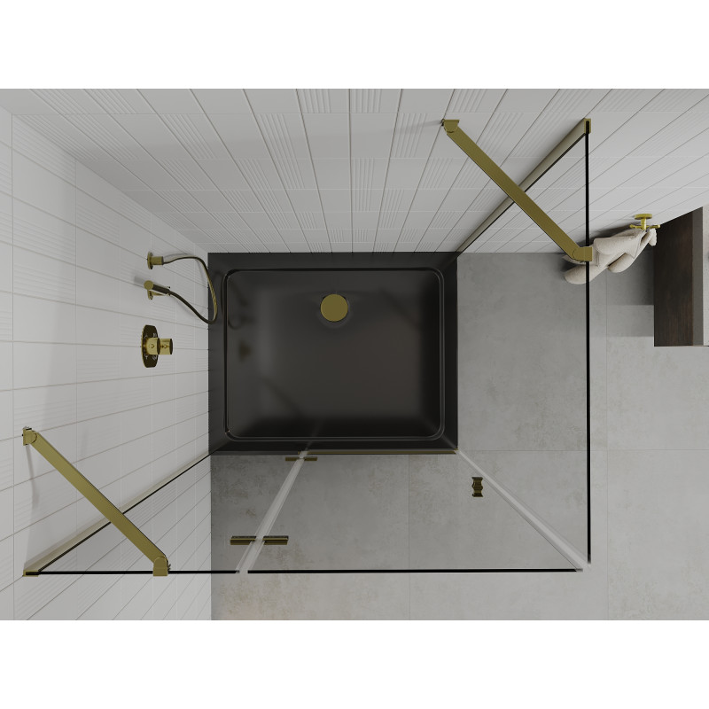 Mexen Roma sprchový kout s vyklápěcími dveřmi 100 x 90 cm, transparentní, zlatá + vanička Flat, černá